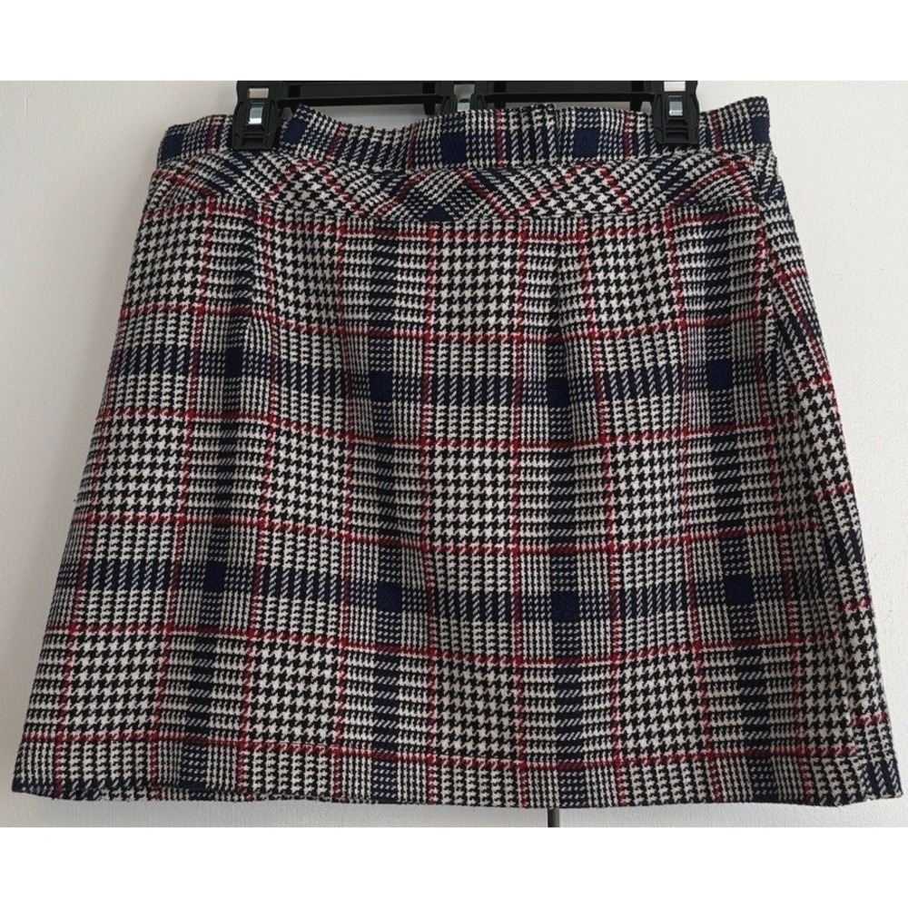 TOPSHOP Plaid A-Line Mini Skirt Womens Size 10 Brown Black Red Zip Button - Picture 5 of 8